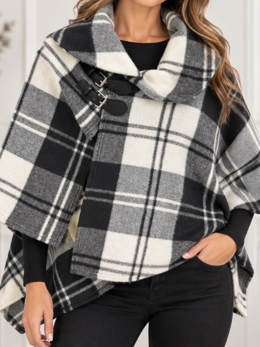 Ralph Lauren Plaid Buckle Poncho Cape - Black & White